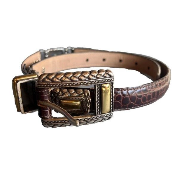Brighton Croc Embossed Belt Size 30 Medium Chocolate Brown Gold Silver 44209 - Picture 1 of 8